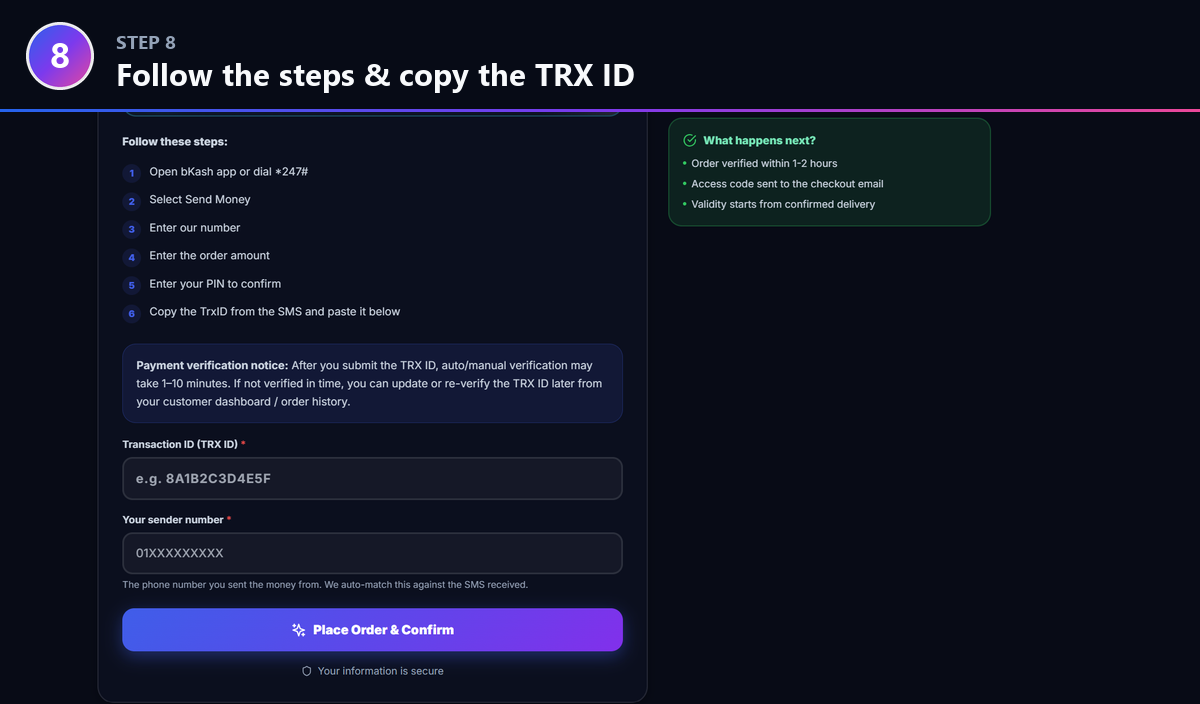 Step 8: Follow the steps and copy your TRX ID