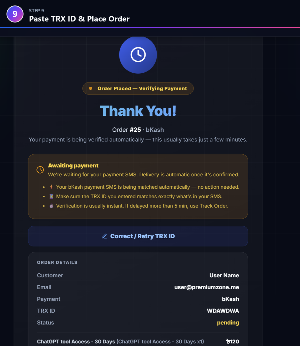 Step 9: Paste the TRX ID and place your order