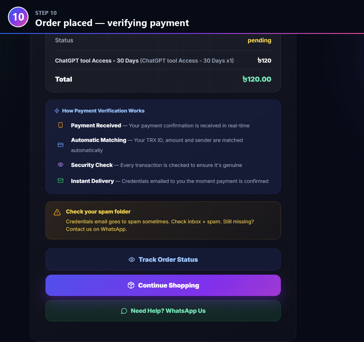 Step 10: Order placed — payment auto-verifies