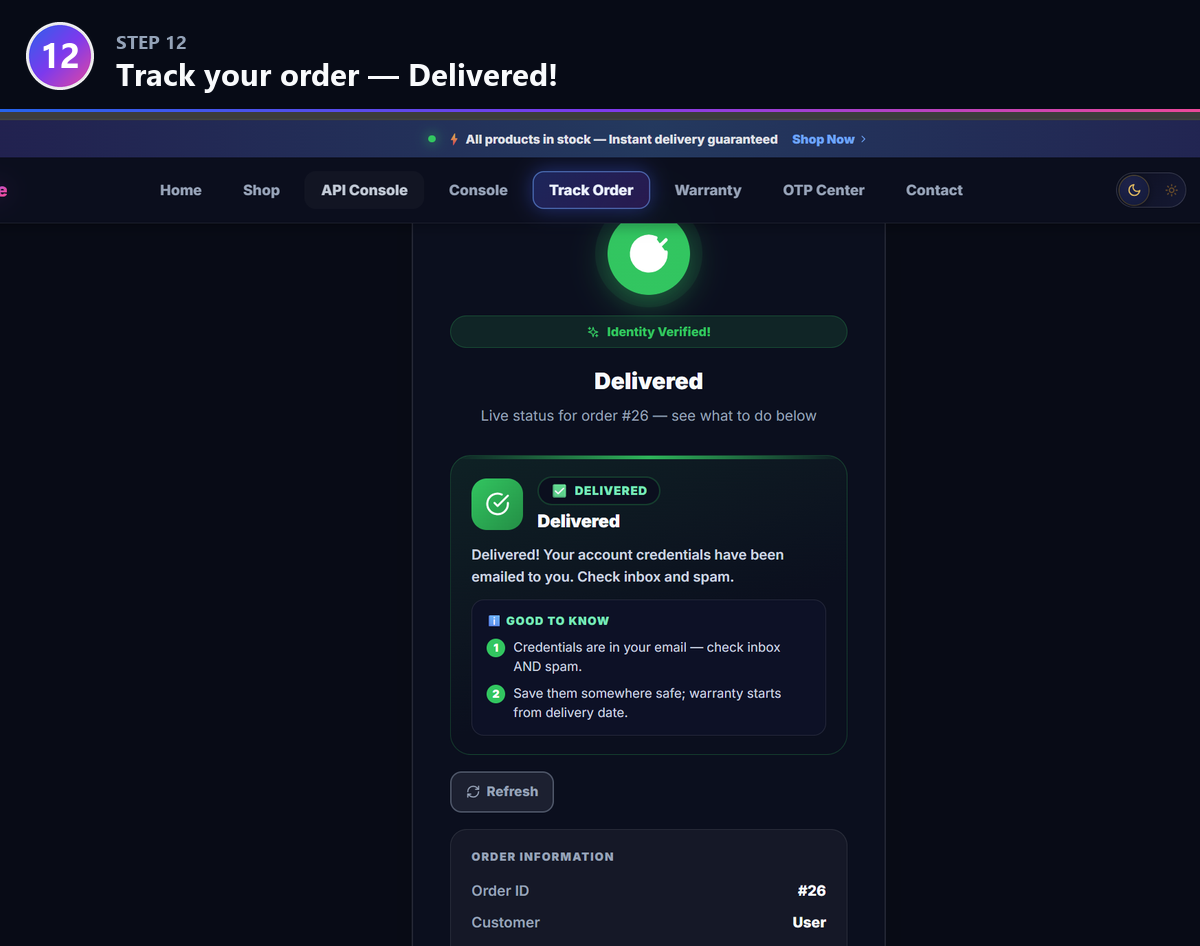 Step 12: Track your order any time — Delivered!