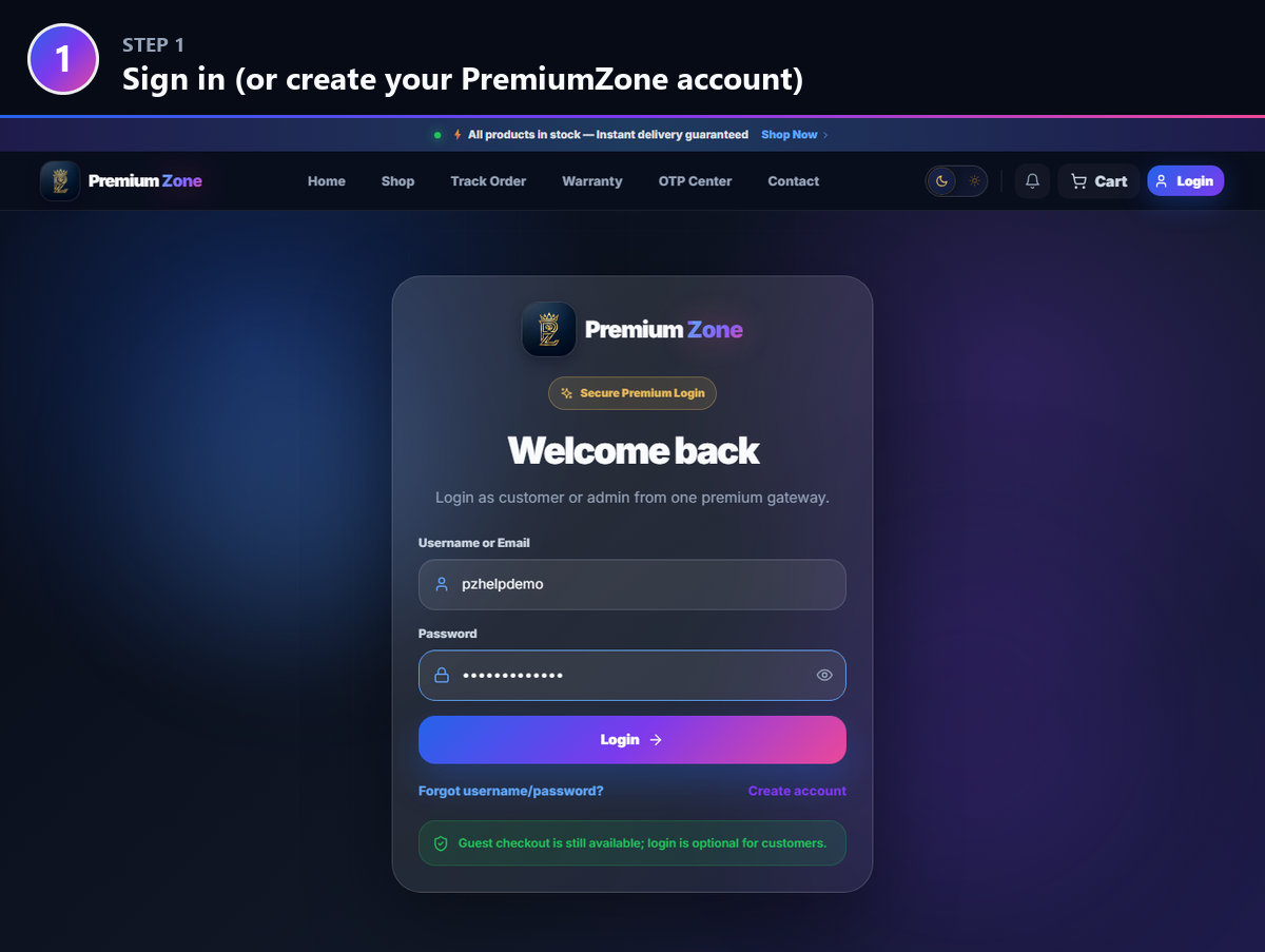 Step 1: Sign in (or create your PremiumZone account)