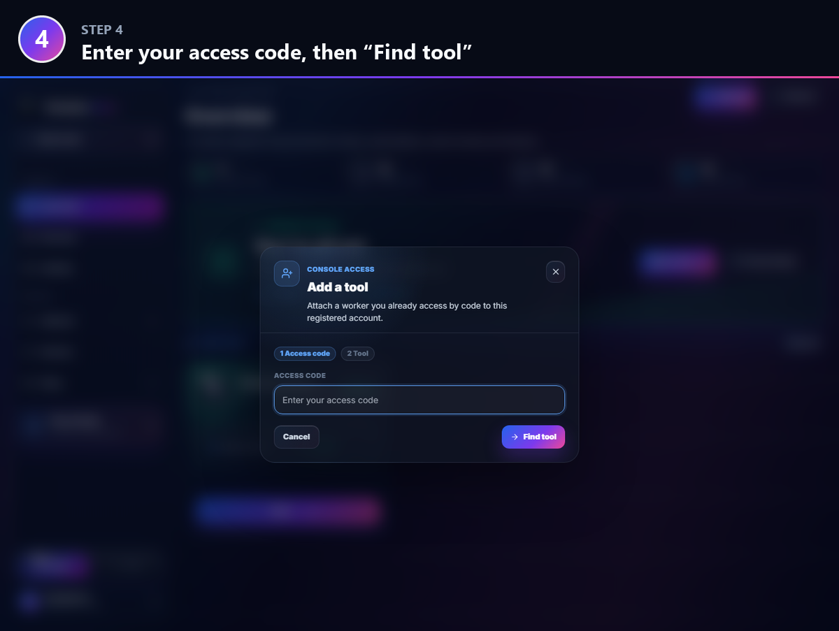 Step 4: Enter your access code, then “Find tool”