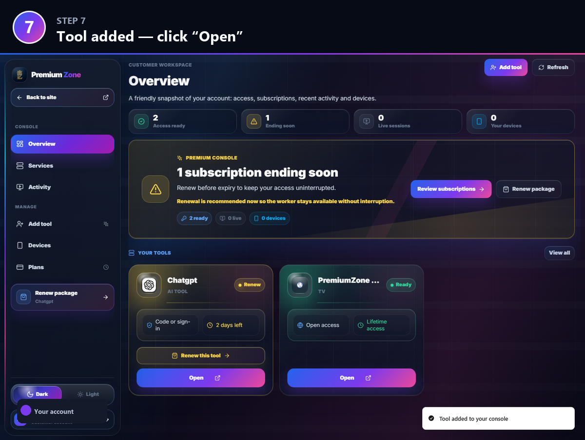 Step 7: Tool added — click “Open”